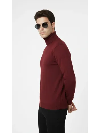 Tam Boğazlı Balıkcı Yaka Triko Kazak Yumuşak Dokulu Pamuklu İnce Dokuma, Uzun Kollu Rahat Regular Kalıp - Bordo