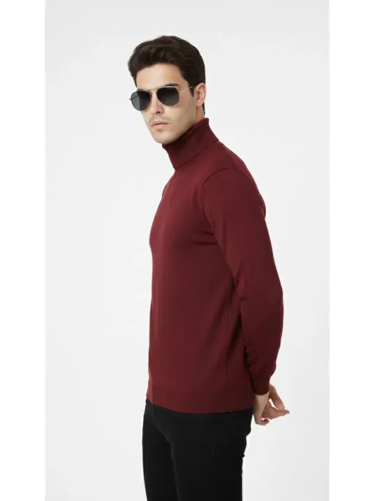 Tam Boğazlı Balıkcı Yaka Triko Kazak Yumuşak Dokulu Pamuklu İnce Dokuma, Uzun Kollu Rahat Regular Kalıp - Bordo