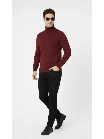Tam Boğazlı Balıkcı Yaka Triko Kazak Yumuşak Dokulu Pamuklu İnce Dokuma, Uzun Kollu Rahat Regular Kalıp - Bordo