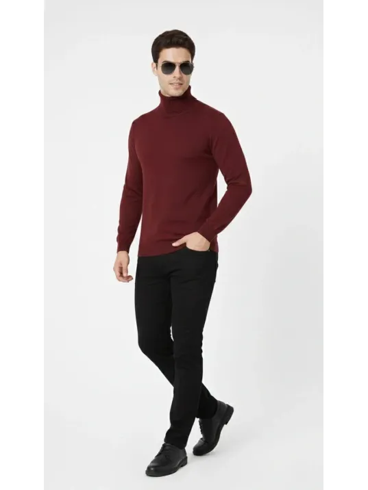 Tam Boğazlı Balıkcı Yaka Triko Kazak Yumuşak Dokulu Pamuklu İnce Dokuma, Uzun Kollu Rahat Regular Kalıp - Bordo