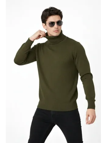 Tam Boğazlı Balıkcı Yaka Triko Kazak Yumuşak Dokulu Pamuklu İnce Dokuma, Uzun Kollu Rahat Regular Kalıp - Haki