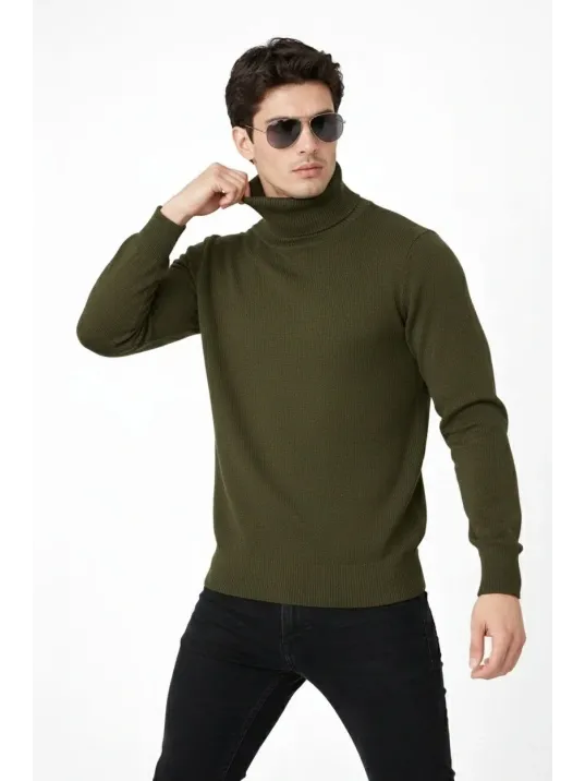 Tam Boğazlı Balıkcı Yaka Triko Kazak Yumuşak Dokulu Pamuklu İnce Dokuma, Uzun Kollu Rahat Regular Kalıp - Haki