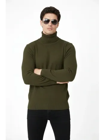 Tam Boğazlı Balıkcı Yaka Triko Kazak Yumuşak Dokulu Pamuklu İnce Dokuma, Uzun Kollu Rahat Regular Kalıp - Haki