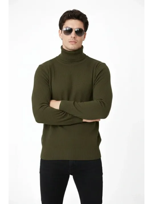 Tam Boğazlı Balıkcı Yaka Triko Kazak Yumuşak Dokulu Pamuklu İnce Dokuma, Uzun Kollu Rahat Regular Kalıp - Haki