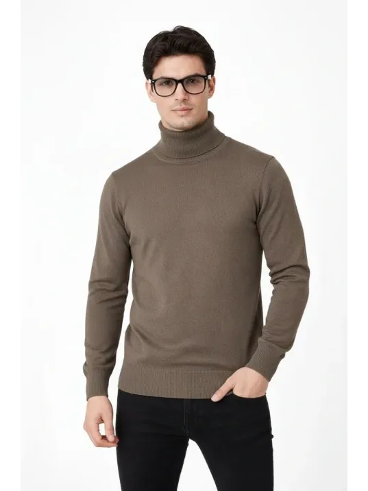 Tam Boğazlı Balıkcı Yaka Triko Kazak Yumuşak Dokulu Pamuklu İnce Dokuma, Uzun Kollu Rahat Regular Kalıp - Kahverengi