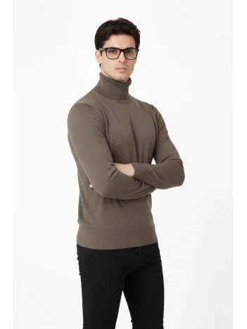 Tam Boğazlı Balıkcı Yaka Triko Kazak Yumuşak Dokulu Pamuklu İnce Dokuma, Uzun Kollu Rahat Regular Kalıp - Kahverengi