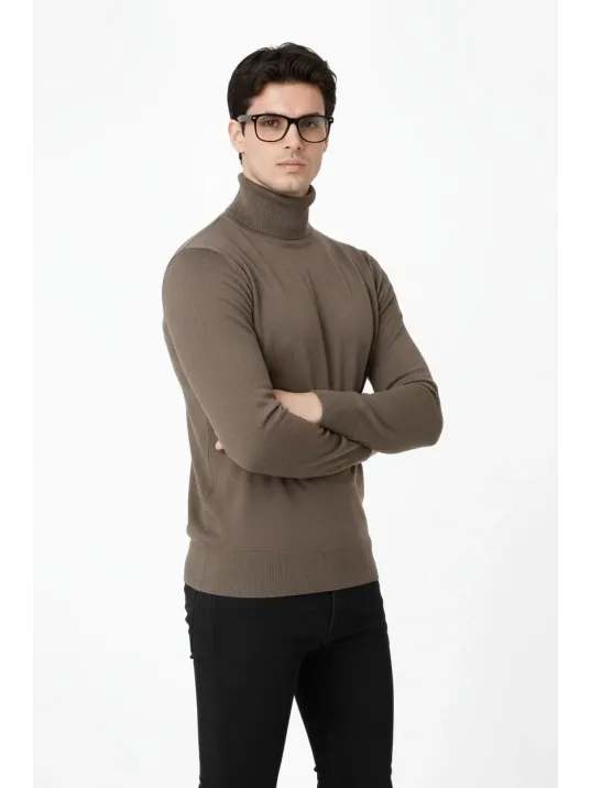 Tam Boğazlı Balıkcı Yaka Triko Kazak Yumuşak Dokulu Pamuklu İnce Dokuma, Uzun Kollu Rahat Regular Kalıp - Kahverengi