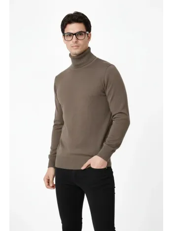 Tam Boğazlı Balıkcı Yaka Triko Kazak Yumuşak Dokulu Pamuklu İnce Dokuma, Uzun Kollu Rahat Regular Kalıp - Kahverengi