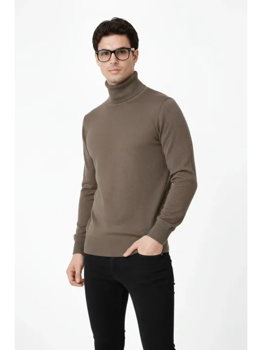 Tam Boğazlı Balıkcı Yaka Triko Kazak Yumuşak Dokulu Pamuklu İnce Dokuma, Uzun Kollu Rahat Regular Kalıp - Kahverengi