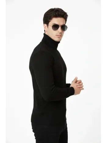 Tam Boğazlı Balıkcı Yaka Triko Kazak Yumuşak Dokulu Pamuklu İnce Dokuma, Uzun Kollu Rahat Regular Kalıp - Siyah