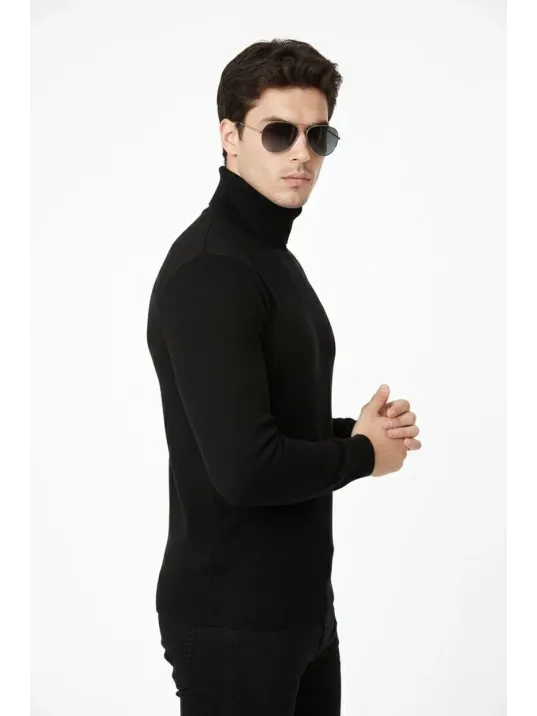 Tam Boğazlı Balıkcı Yaka Triko Kazak Yumuşak Dokulu Pamuklu İnce Dokuma, Uzun Kollu Rahat Regular Kalıp - Siyah