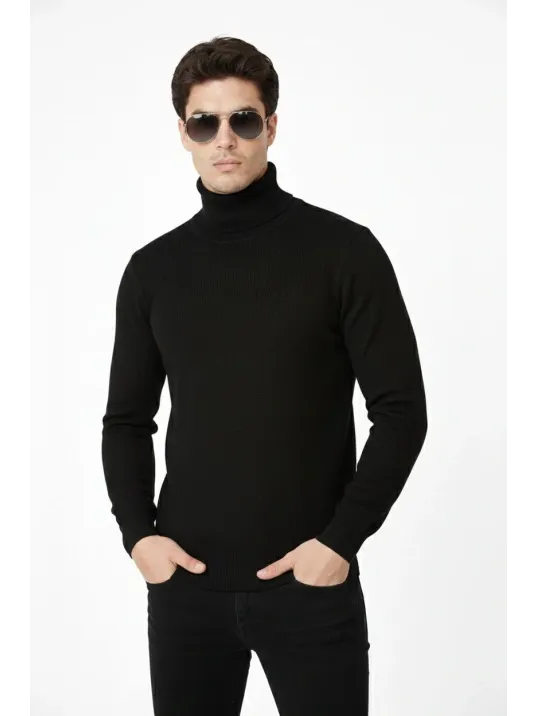 Tam Boğazlı Balıkcı Yaka Triko Kazak Yumuşak Dokulu Pamuklu İnce Dokuma, Uzun Kollu Rahat Regular Kalıp - Siyah