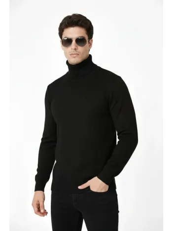 Tam Boğazlı Balıkcı Yaka Triko Kazak Yumuşak Dokulu Pamuklu İnce Dokuma, Uzun Kollu Rahat Regular Kalıp - Siyah