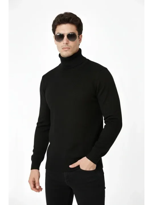 Tam Boğazlı Balıkcı Yaka Triko Kazak Yumuşak Dokulu Pamuklu İnce Dokuma, Uzun Kollu Rahat Regular Kalıp - Siyah