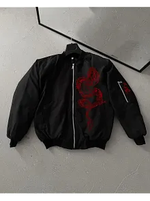 Erkek Unisex Siyah Bomber Mont – Kırmızı Ejderha Desenli, Fermuarlı Cepli, Kapitone Astarlı Günlük Ve Sokak Modası Ceket - Siyah