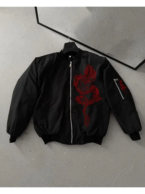 Erkek Unisex Siyah Bomber Mont – Kırmızı Ejderha Desenli, Fermuarlı Cepli, Kapitone Astarlı Günlük Ve Sokak Modası Ceket - Siyah