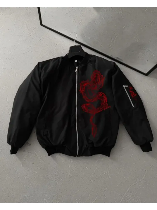 Erkek Unisex Siyah Bomber Mont – Kırmızı Ejderha Desenli, Fermuarlı Cepli, Kapitone Astarlı Günlük ve Sokak Modası Ceket - Siyah Erkek Unisex Siyah Bomber Mont – Kırmızı Ejderha Desenli, Fermuarlı Cepli, Kapitone Astarlı Günlük ve Sokak Modası Ceket - Siyah
