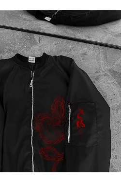 Erkek Siyah Bomber Mont Kırmızı Ejderha Desenli Fermuarlı Cepli Kapitone Astarlı - Siyah Erkek Siyah Bomber Mont Kırmızı Ejderha Desenli Fermuarlı Cepli Kapitone Astarlı - Siyah