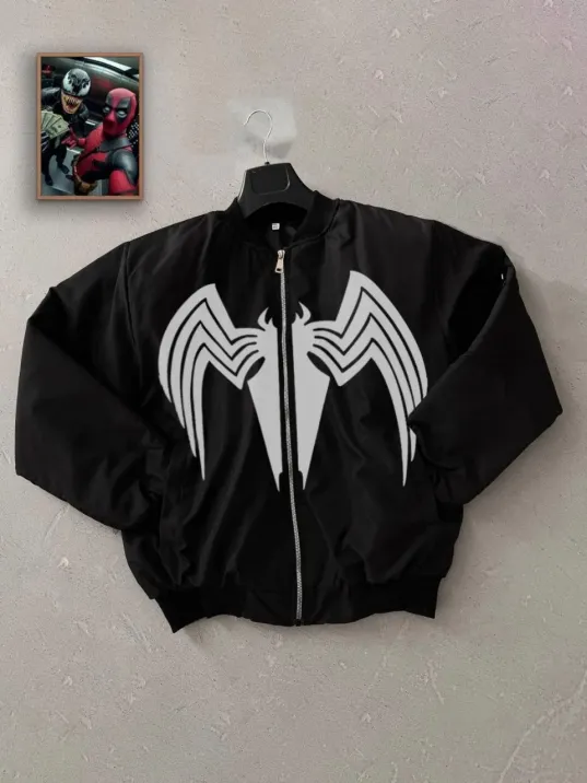 Unisex Siyah Bomber Mont – Venom Beyaz Örümcek Logolu, Fermuarlı Cepli, Kapitone Astarlı Günlük Mont - Siyah Unisex Siyah Bomber Mont – Venom Beyaz Örümcek Logolu, Fermuarlı Cepli, Kapitone Astarlı Günlük Mont - Siyah