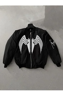 Erkek Cepli Mont Venom Örümcek Desenli Bomber Kol Fermuarlı Ceket - Siyah Erkek Cepli Mont Venom Örümcek Desenli Bomber Kol Fermuarlı Ceket - Siyah