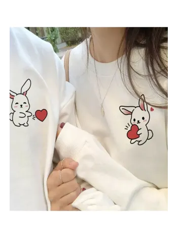 Tavşan Baskılı Sevgili Çift Kombini Kapüşonlu Sweatshirt & Hodie - Beyaz