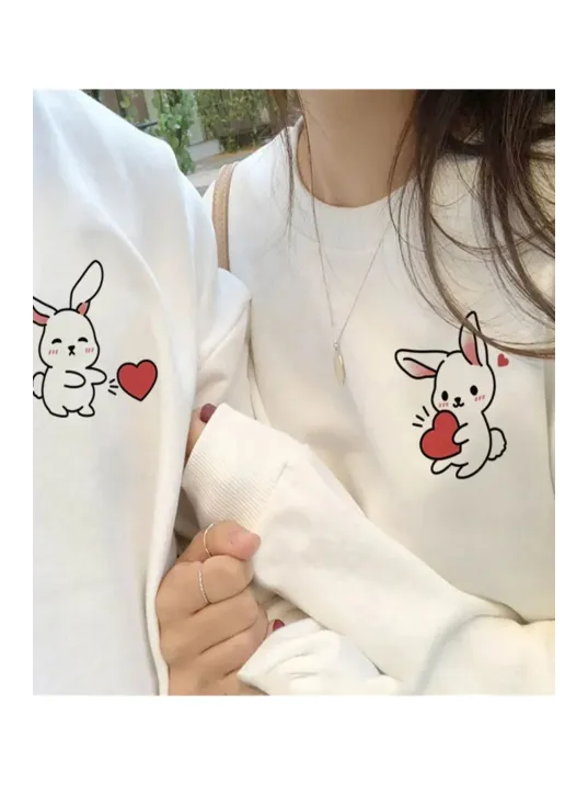 Tavşan Baskılı Sevgili Çift Kombini Kapüşonlu Sweatshirt & Hodie - Beyaz