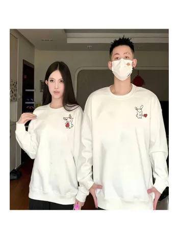 Tavşan Baskılı Sevgili Çift Kombini Kapüşonlu Sweatshirt & Hodie - Beyaz
