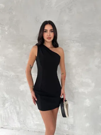 Tek Omuzlu Kolsuz Mini Boy Elbise - Siyah Tek Omuzlu Kolsuz Mini Boy Elbise - Siyah