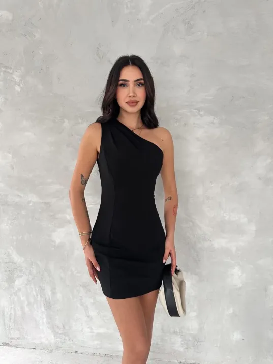 Tek Omuzlu Kolsuz Mini Boy Elbise - Siyah
