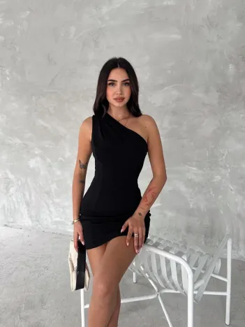Tek Omuzlu Kolsuz Mini Boy Elbise - Siyah