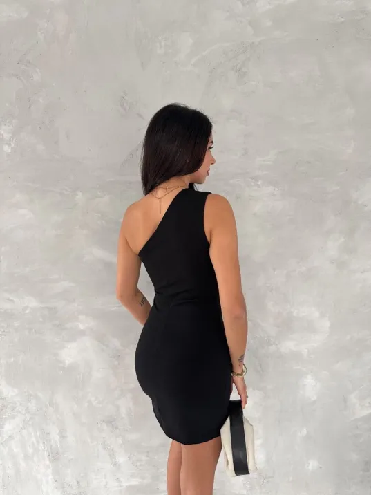 Tek Omuzlu Kolsuz Mini Boy Elbise - Siyah