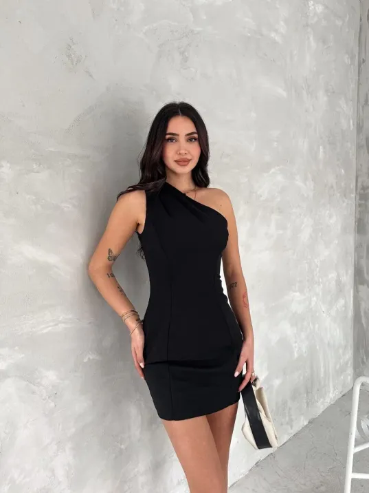 Tek Omuzlu Kolsuz Mini Boy Elbise - Siyah