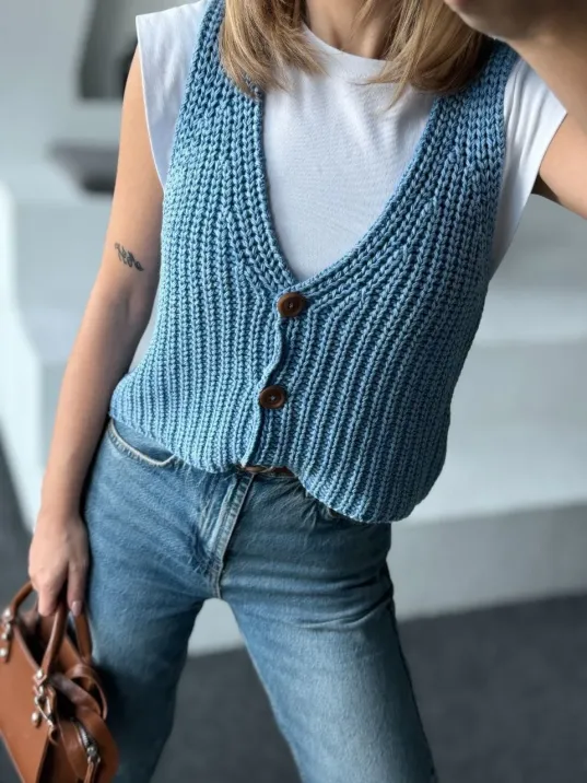 Triko Kolsuz Düğmeli Yelek - Mavi