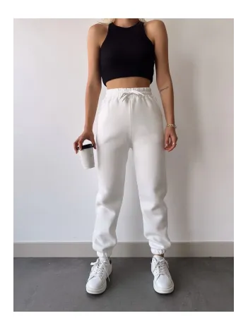 Üç İplik Basic Lastikli Eşofman Pantolon - Beyaz
