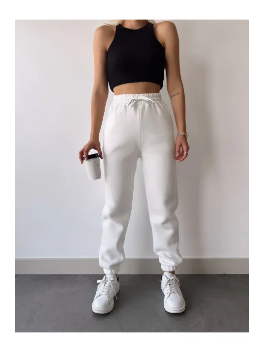 Üç İplik Basic Lastikli Eşofman Pantolon - Beyaz