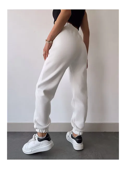 Üç İplik Basic Lastikli Eşofman Pantolon - Beyaz