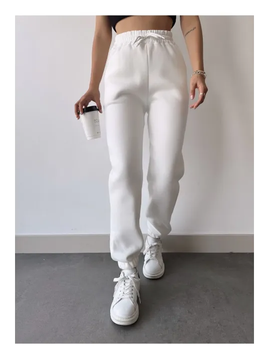 Üç İplik Basic Lastikli Eşofman Pantolon - Beyaz