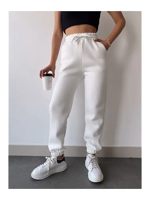 Üç İplik Basic Lastikli Eşofman Pantolon - Beyaz
