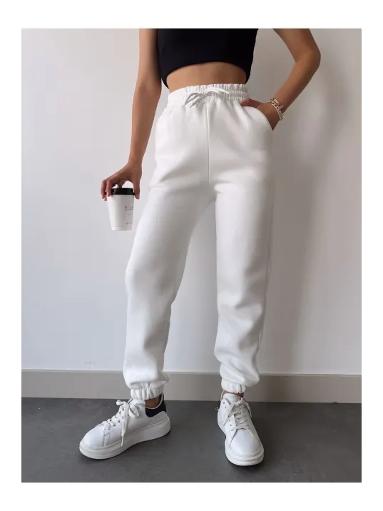Üç İplik Basic Lastikli Eşofman Pantolon - Beyaz