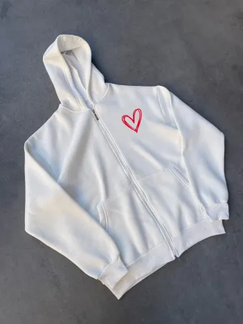 Üç İplik Baskılı Fermuarlı Kapüşonlu Hırka - Beyaz Üç İplik Baskılı Fermuarlı Kapüşonlu Hırka - Beyaz