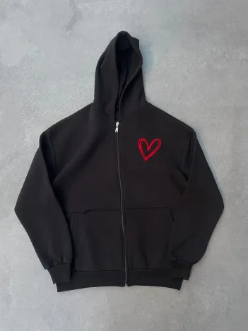 Üç İplik Baskılı Fermuarlı Kapüşonlu Hırka - Siyah Üç İplik Baskılı Fermuarlı Kapüşonlu Hırka - Siyah