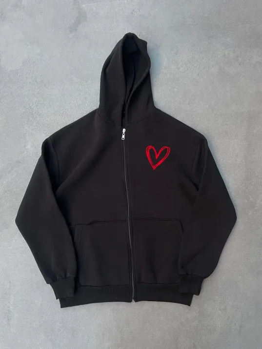 Üç İplik Baskılı Fermuarlı Kapüşonlu Hırka - Siyah