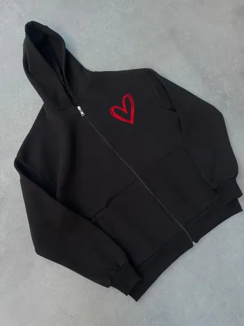 Üç İplik Baskılı Fermuarlı Kapüşonlu Hırka - Siyah Üç İplik Baskılı Fermuarlı Kapüşonlu Hırka - Siyah