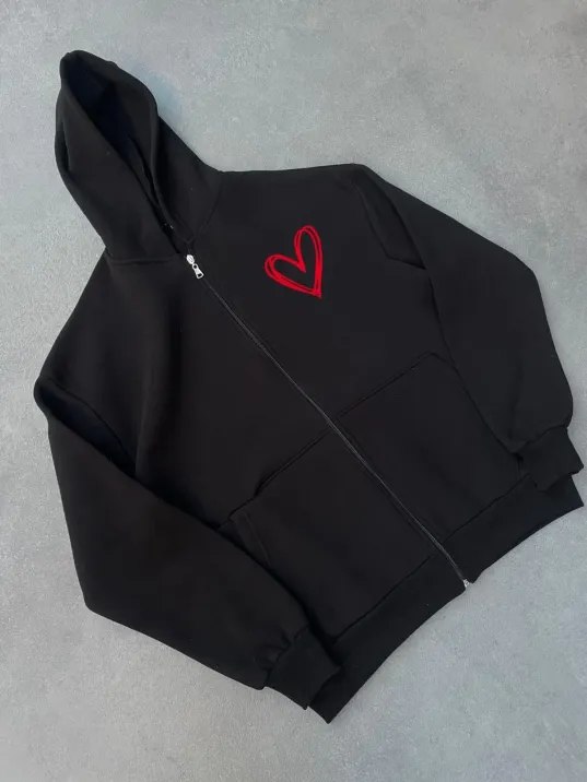 Üç İplik Baskılı Fermuarlı Kapüşonlu Hırka - Siyah Üç İplik Baskılı Fermuarlı Kapüşonlu Hırka - Siyah