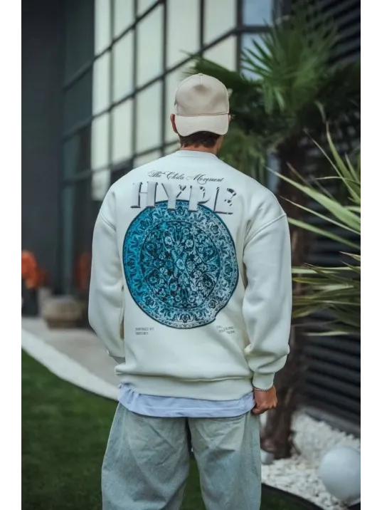 Üç İplik Bisiklet Yaka Baskılı SweatShirt - Beyaz