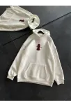 Üç İplik Kapüşonlu Baskılı Oversize Sweatshirt- Beyaz