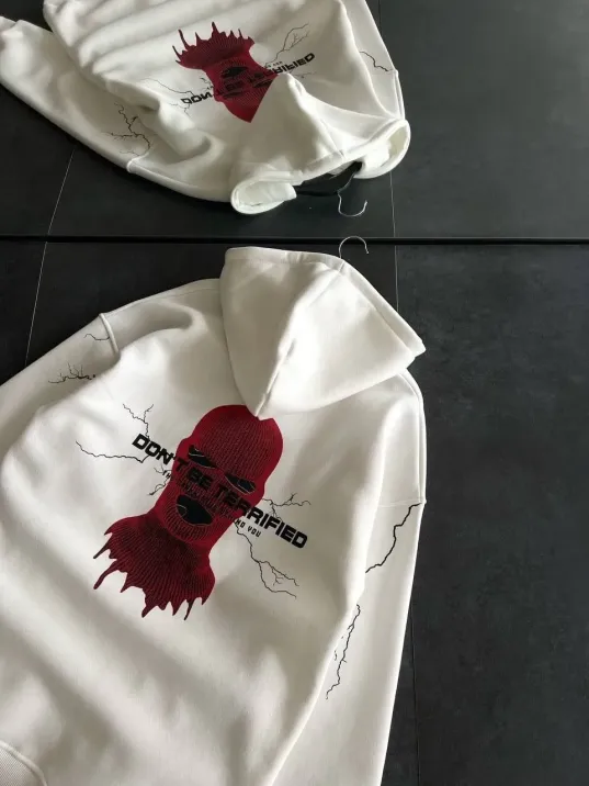 Üç İplik Kapüşonlu Baskılı Oversize Sweatshirt- Beyaz