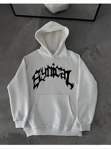 Üç İplik Kapüşonlu Baskılı Oversize Sweatshirt- Beyaz