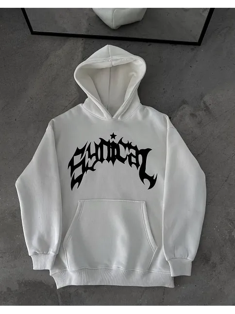 Kışlık Kapüşonlu Baskılı Oversize Sweatshirt- Beyaz