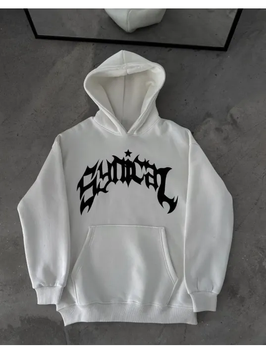 Üç İplik Kapüşonlu Baskılı Oversize SweatShirt- Beyaz